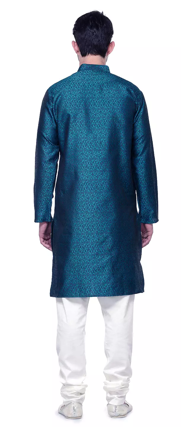 Mens Kurta Pajama Jacquard Silk Indian Party Wear (Blue)