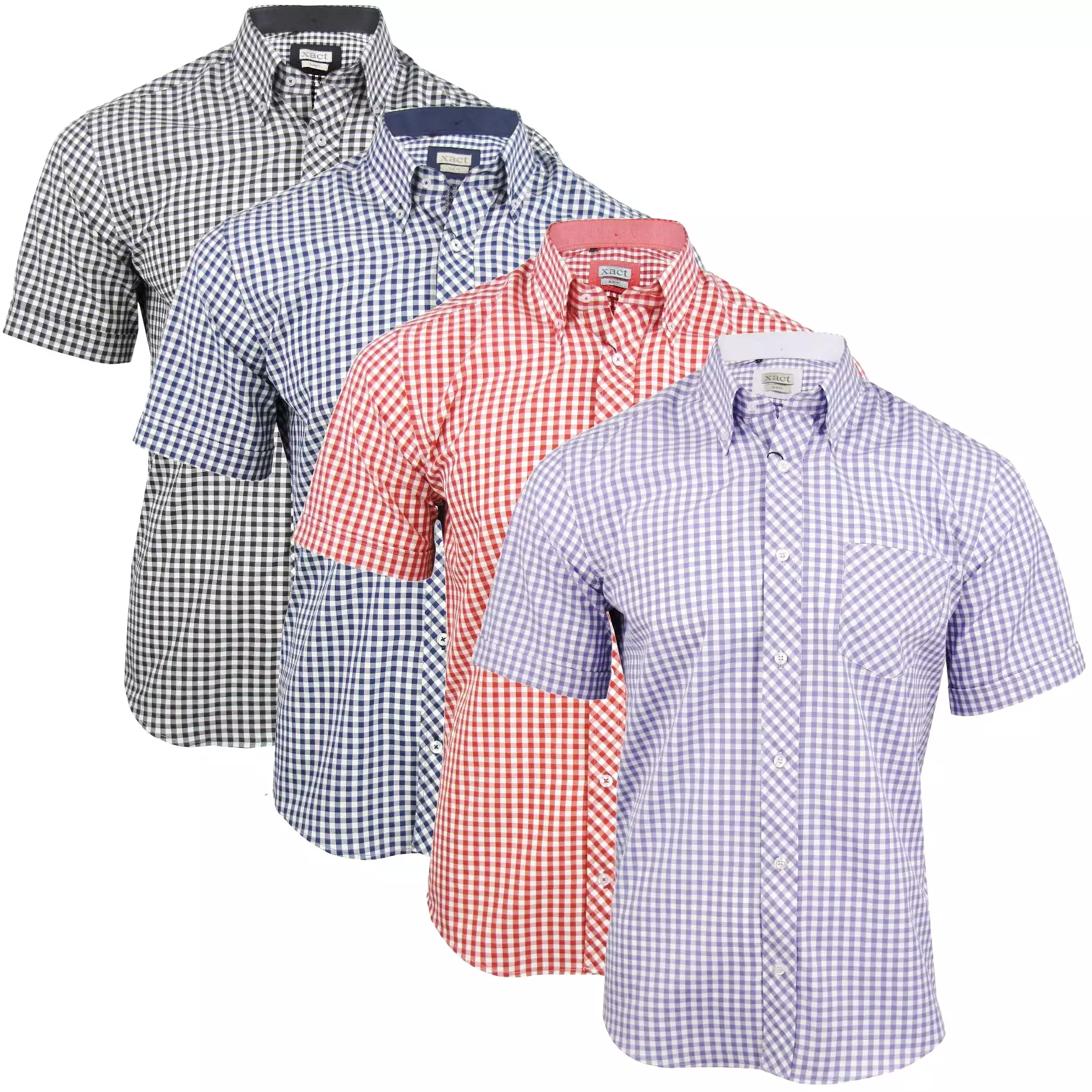 Mens Short Sleeve Gingham Check Shirt Button Down Collar Slim Fit By Xact