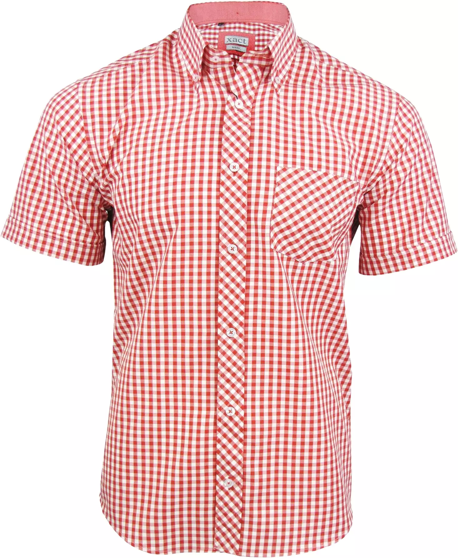 Mens Short Sleeve Gingham Check Shirt Button Down Collar Slim Fit By Xact