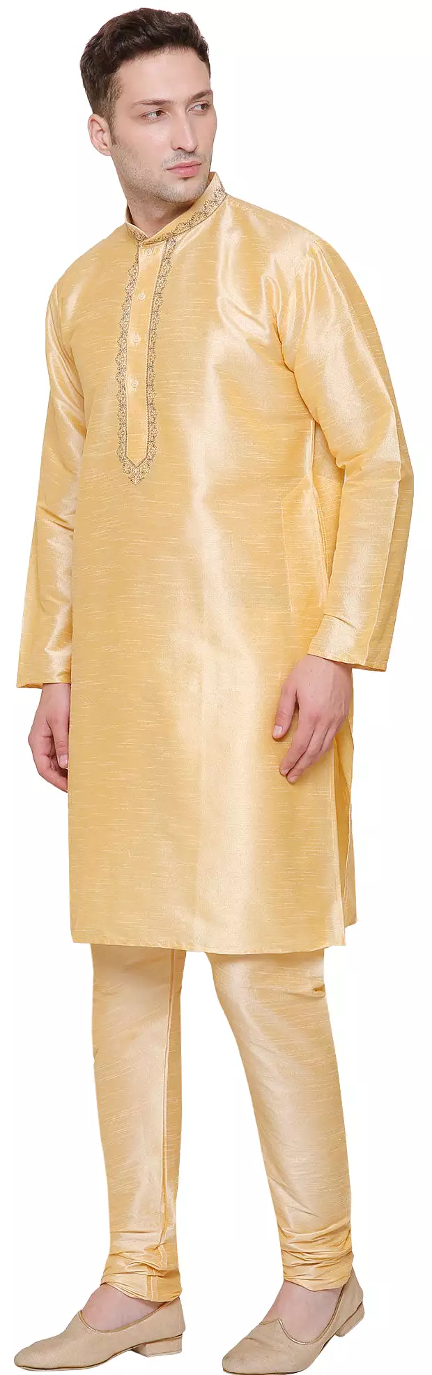 Party Wear Dupion Silk Mens Kurta Pajama India Clothing (Golden)