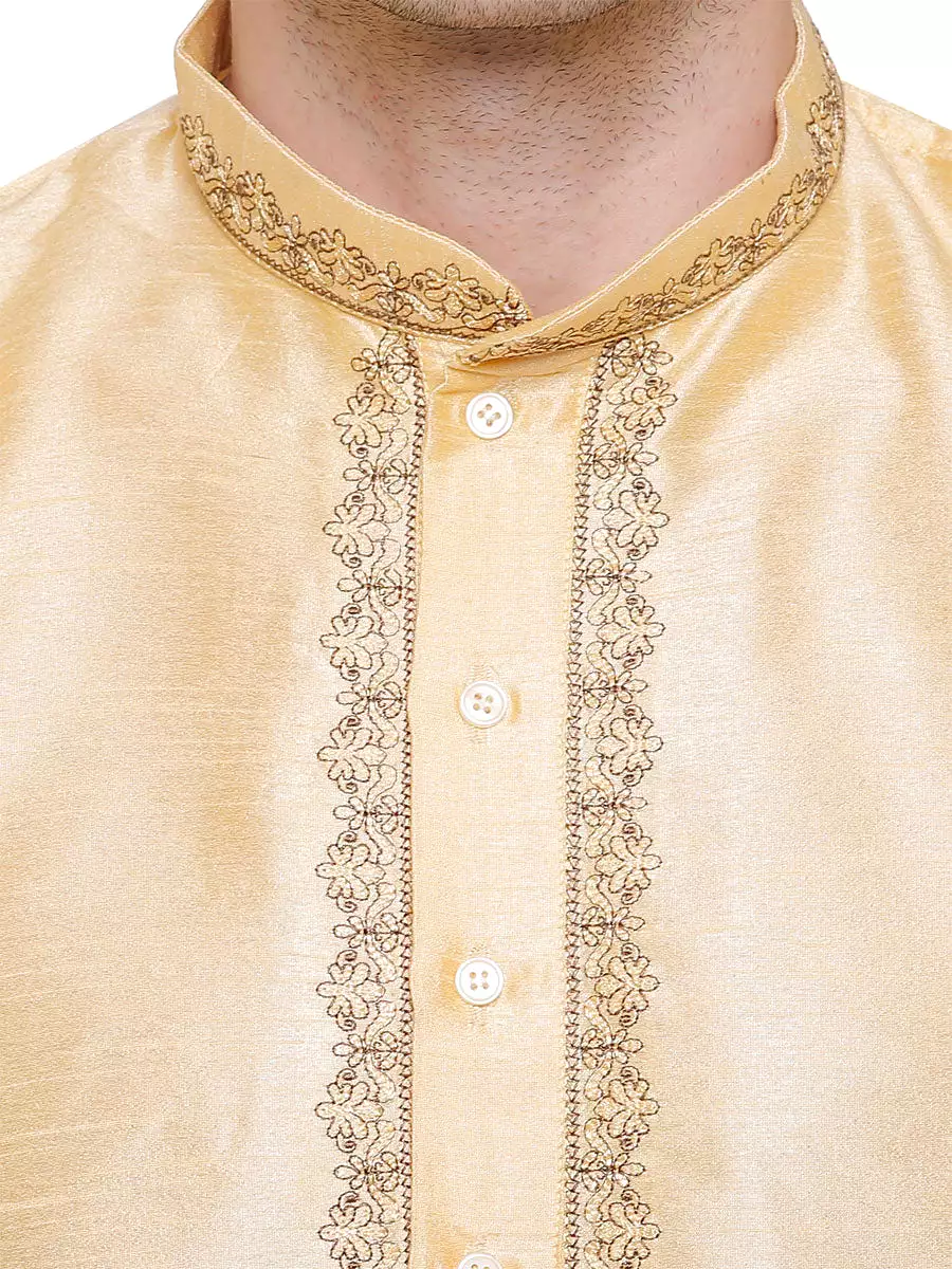 Party Wear Dupion Silk Mens Kurta Pajama India Clothing (Golden)