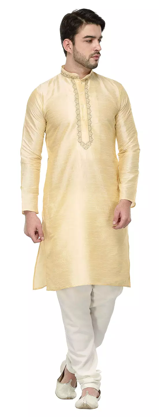 Party Wear Dupion Silk Mens Kurta Pajama India Clothing (Golden)