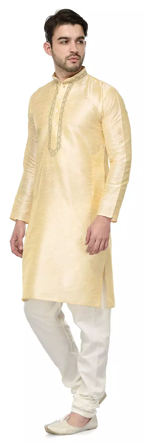 Party Wear Dupion Silk Mens Kurta Pajama India Clothing (Golden)