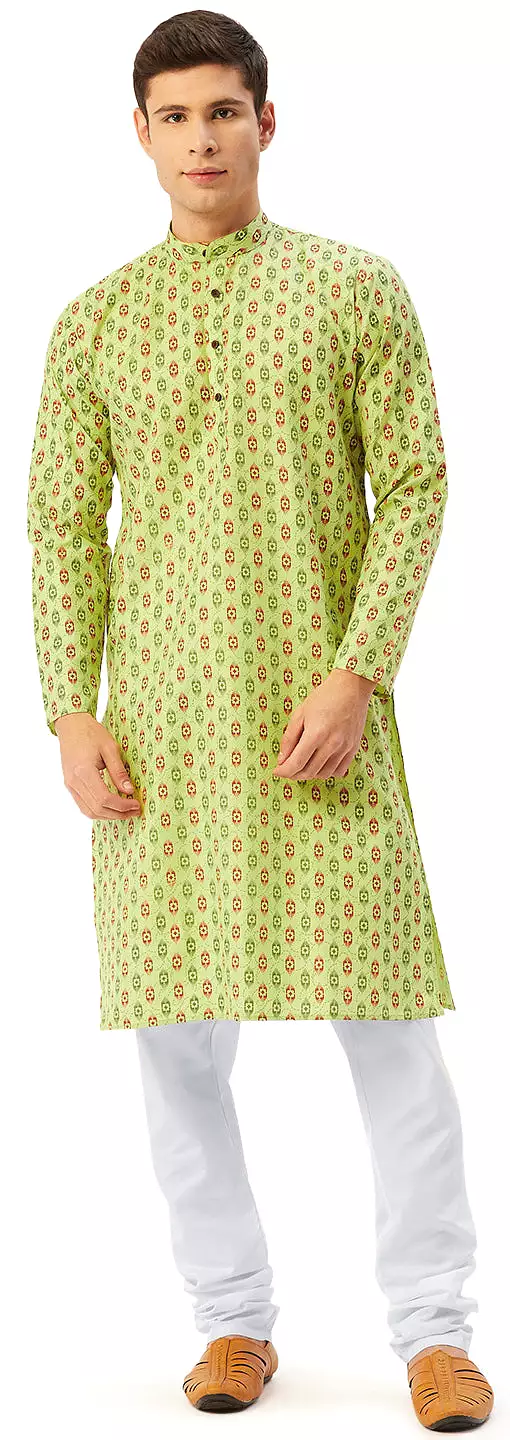 Printed Men's Cotton Kurta Pajama Casual Wear India Apparel (Green)