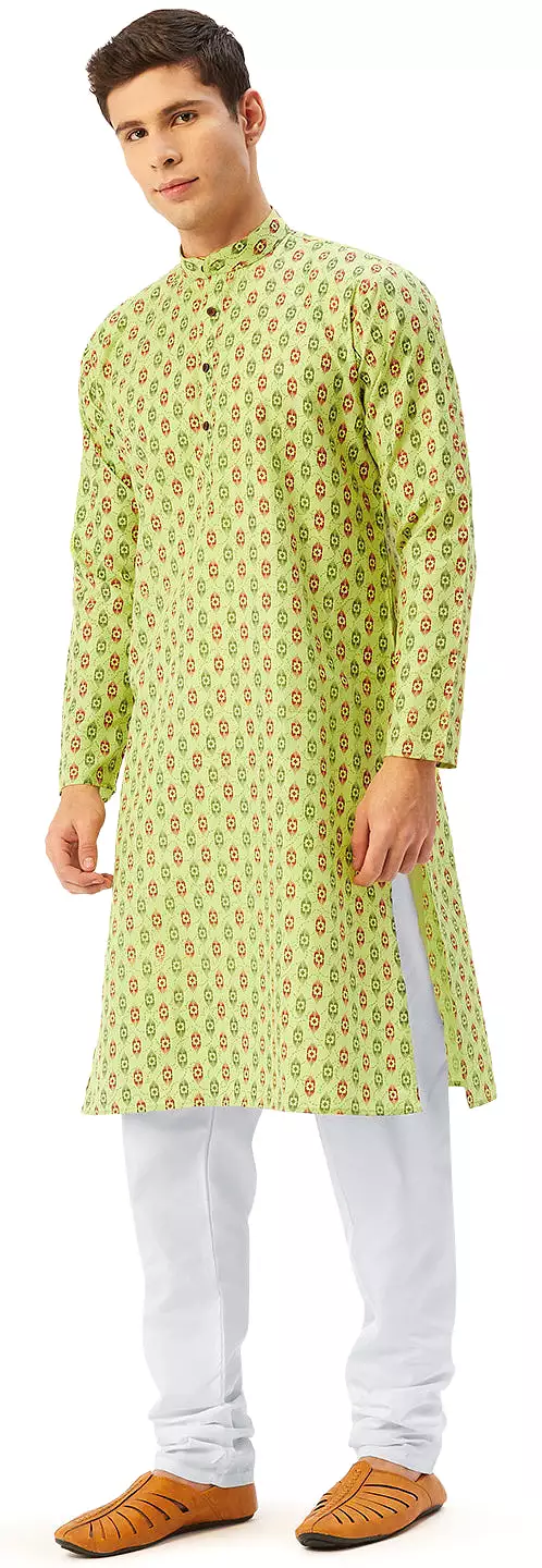 Printed Men's Cotton Kurta Pajama Casual Wear India Apparel (Green)