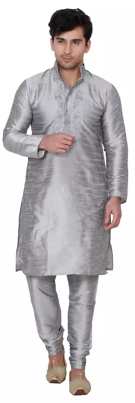 Silk Embroidered Mens Kurta Pajama India Clothing (Grey)