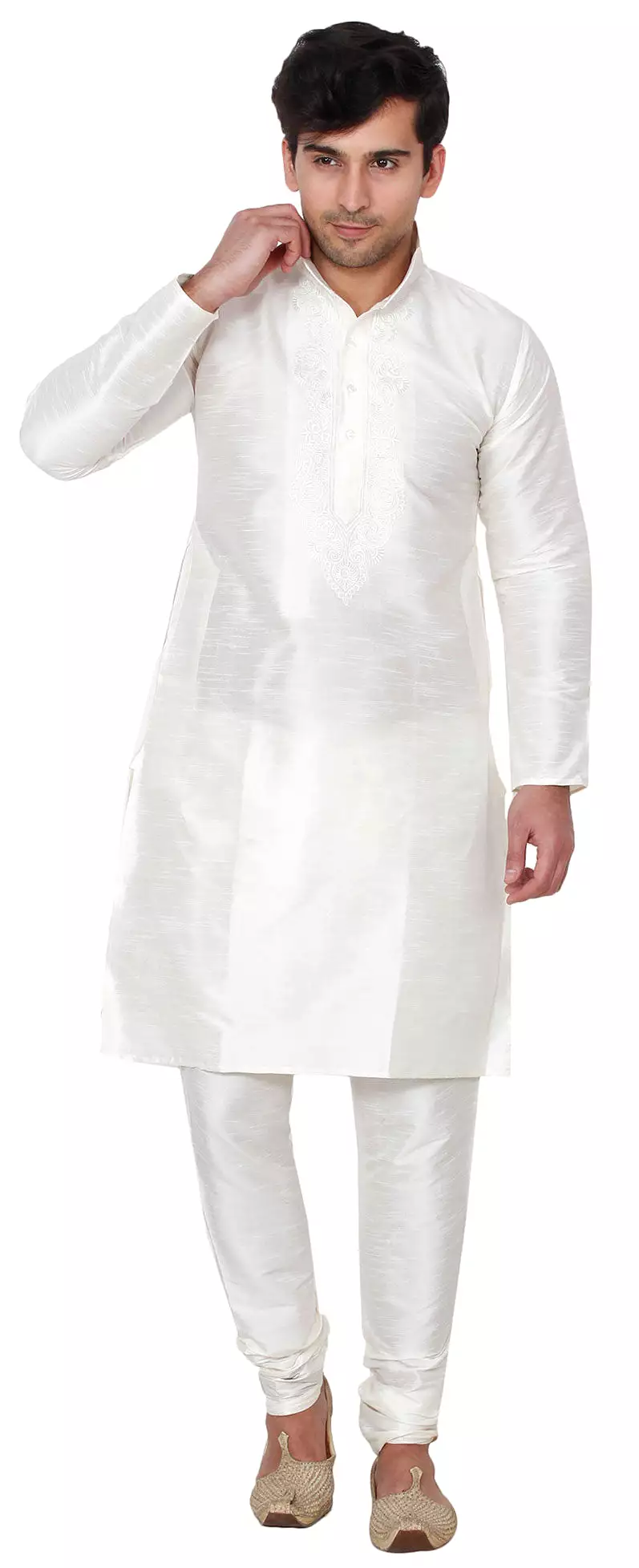 Silk Embroidered Mens Kurta Pajama India Clothing (Off-White)