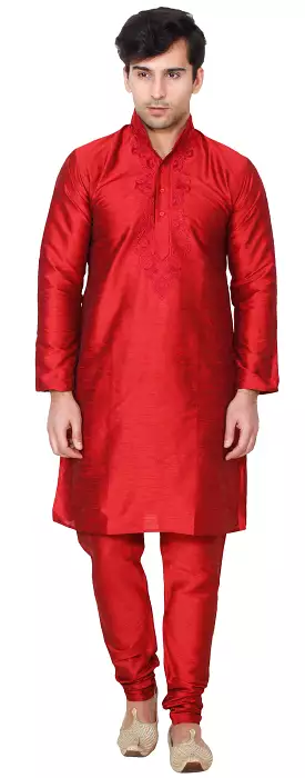 Silk Embroidered Men's Kurta Pajama India Clothing (Red)