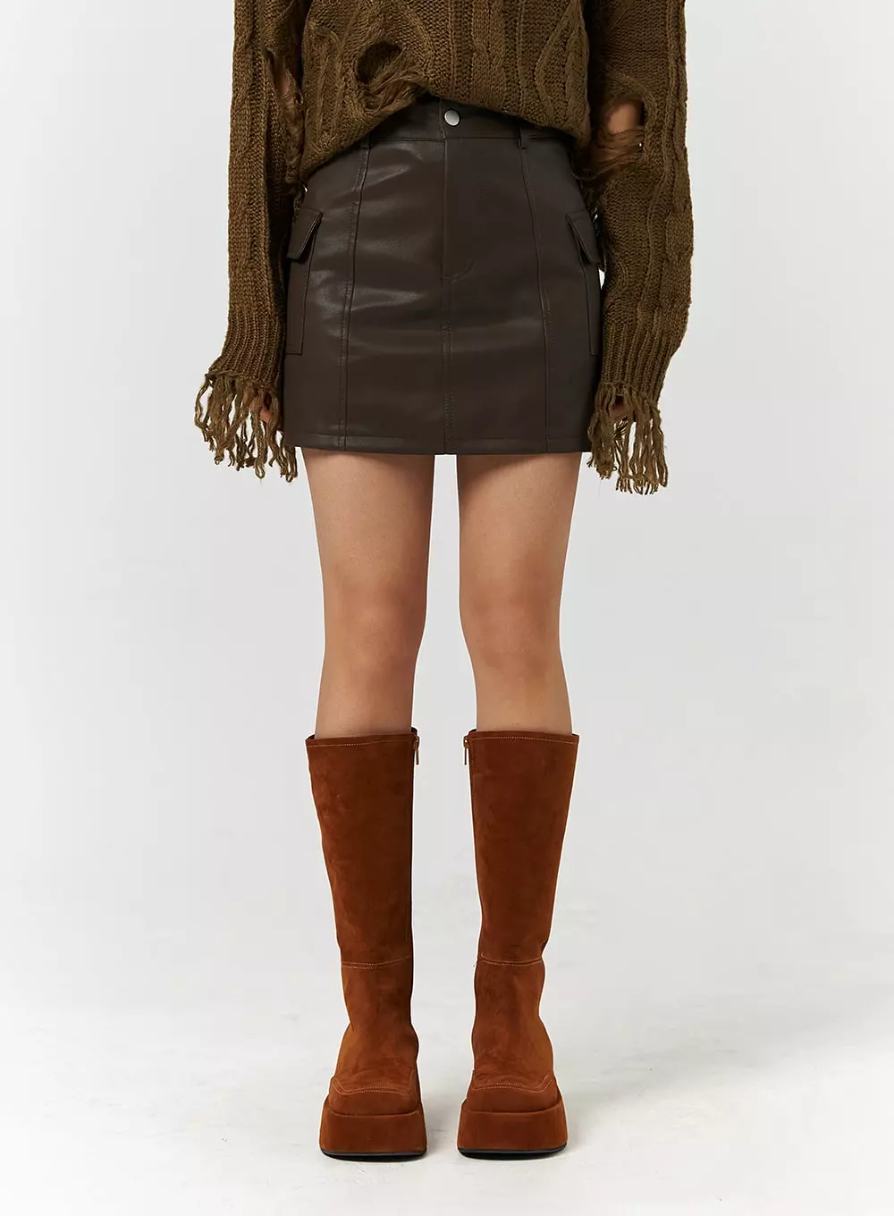 Solid Faux Leather Pocket Mid Waist Mini Skirt CD328