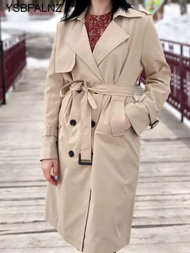 Windbreaker Autumn Winter Women Lapel Double Breasted Trench Coats Office Long With Belt Lining Korean Fashion Clothing 26820