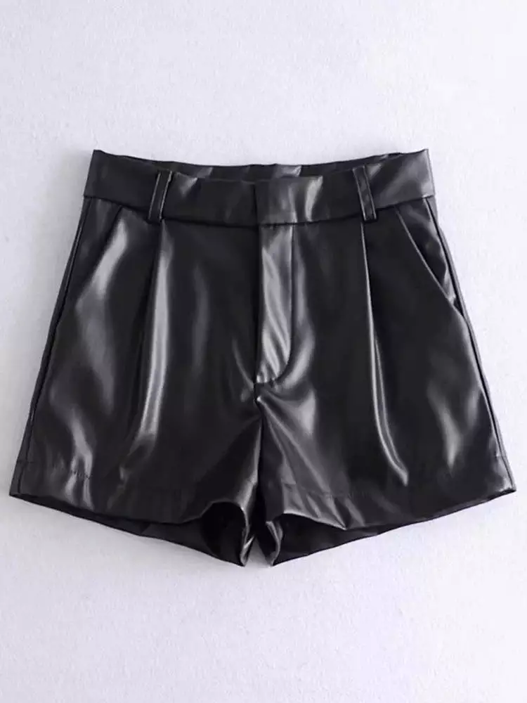 Women Fashion Faux Leather Shorts High Waist Side Pockets Vintage Zipper Fly Female Wide Leg Shorts Streetwear Ropa