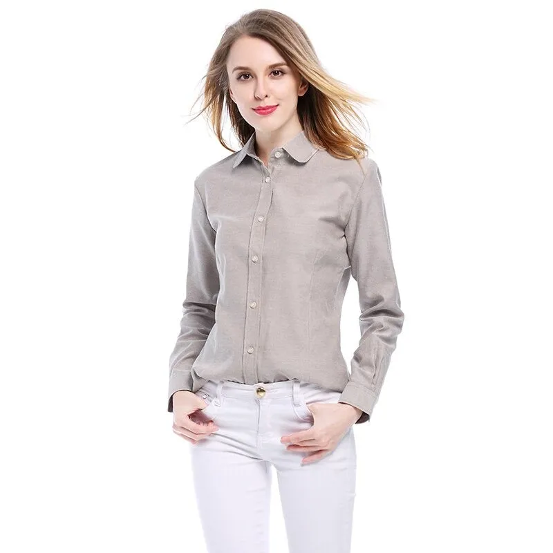 Women's Cotton Solid Oxford Long Sleeve Blouse with Collar and Buttons