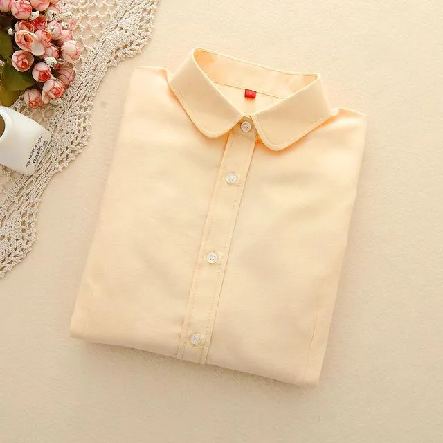 Women's Cotton Solid Oxford Long Sleeve Blouse with Collar and Buttons