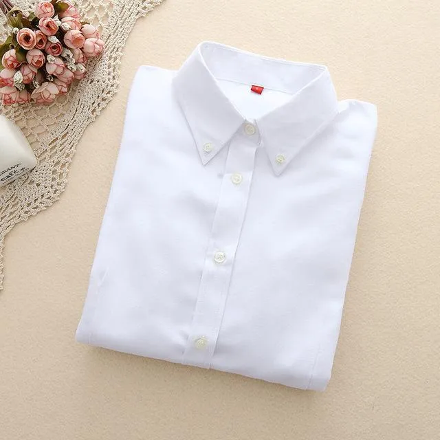 Women's Cotton Solid Oxford Long Sleeve Blouse with Collar and Buttons