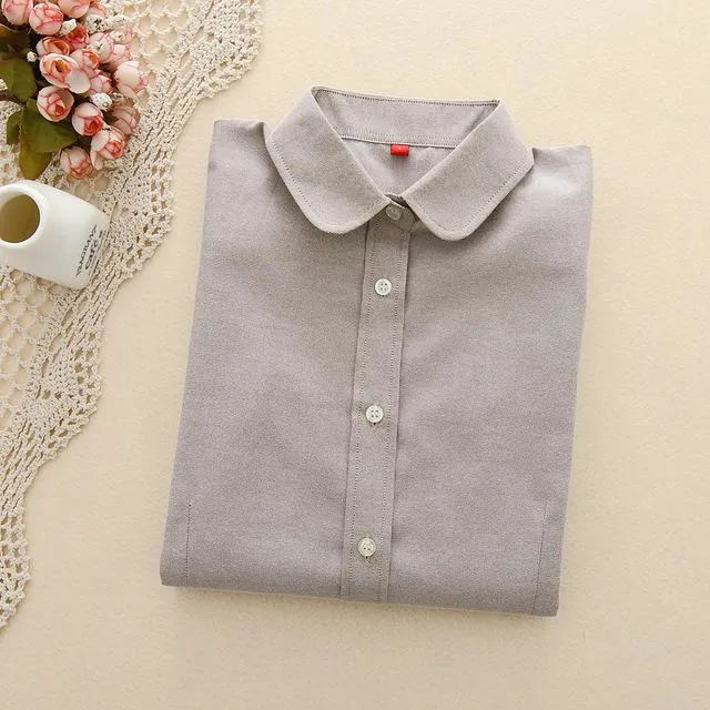 Women's Cotton Solid Oxford Long Sleeve Blouse with Collar and Buttons