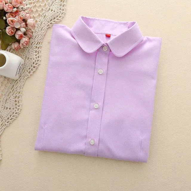 Women's Cotton Solid Oxford Long Sleeve Blouse with Collar and Buttons