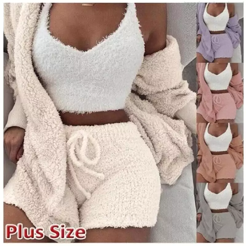 Women's Sexy Fuzzy 3 Piece Outfits Fleece Fluffy Warm Hooded Cardigan Crop Top Shorts Set Pajamas Lounge Sets Loungewear