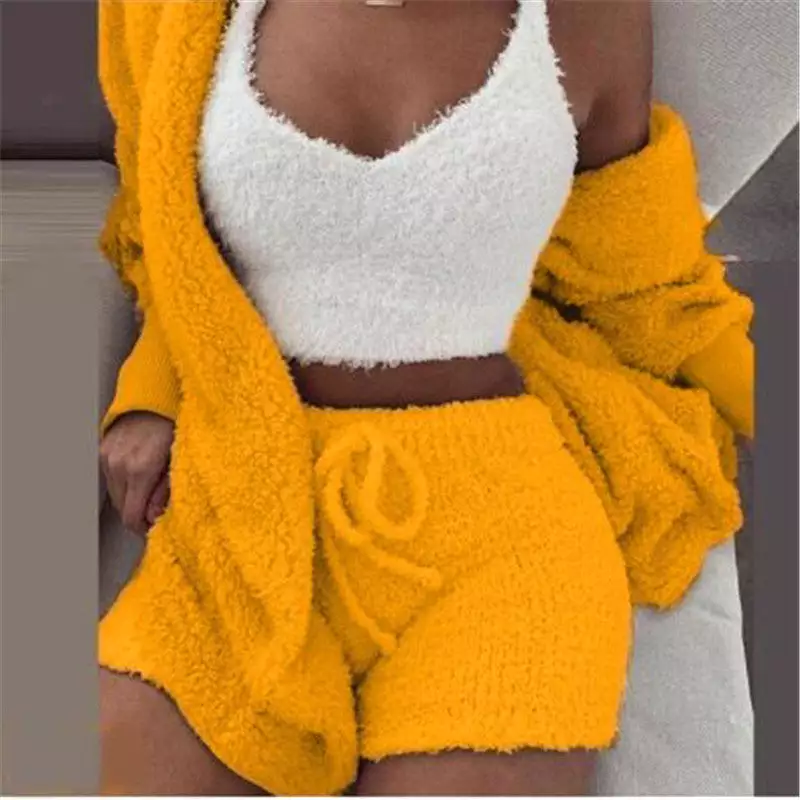 Women's Sexy Fuzzy 3 Piece Outfits Fleece Fluffy Warm Hooded Cardigan Crop Top Shorts Set Pajamas Lounge Sets Loungewear